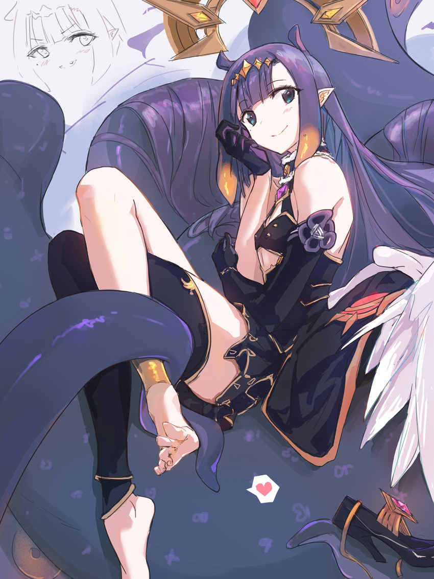 1girl asymmetrical_gloves bangs bare_shoulders barefoot black_dress black_gloves black_thighhighs blue_eyes blunt_bangs closed_mouth detached_leggings dress elbow_gloves gloves heart highres hololive hololive_english long_hair looking_at_viewer ninomae_ina'nis pointy_ears purple_hair shoes shoes_removed single_elbow_glove single_thighhigh spoken_heart tallgeese_(lgeesel) tentacles thighhighs uneven_gloves very_long_hair virtual_youtuber