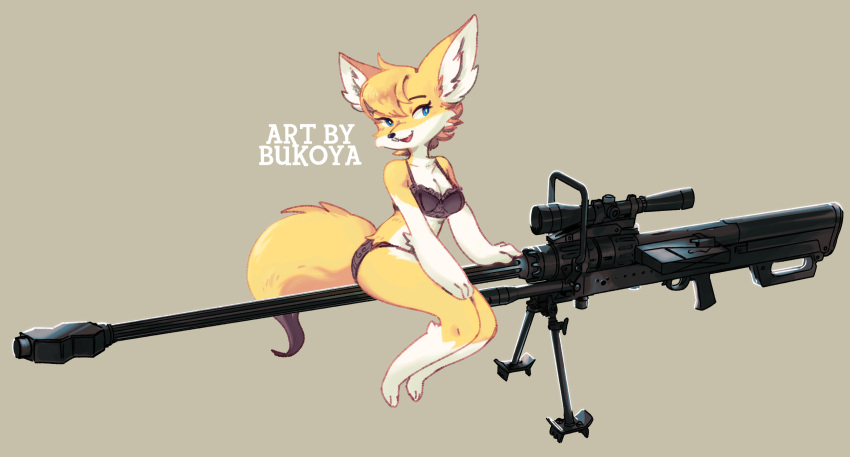 1girl animal_ear_fluff animal_ears animal_feet animal_nose artist_name bangs bare_shoulders barefoot black_bra black_panties blonde_hair blue_eyes body_fur bra breasts bright_pupils brown_background bukoya cleavage collarbone commission english_text fox_ears fox_girl fox_tail full_body furry furry_female gun hand_on_own_thigh happy highres lace lace-trimmed_bra lace_trim legs_together looking_to_the_side medium_breasts non-web_source open_mouth original panties rifle scope short_hair simple_background sitting smile sniper_rifle snout solo tail two-tone_fur underwear underwear_only watermark weapon white_fur white_pupils yellow_fur
