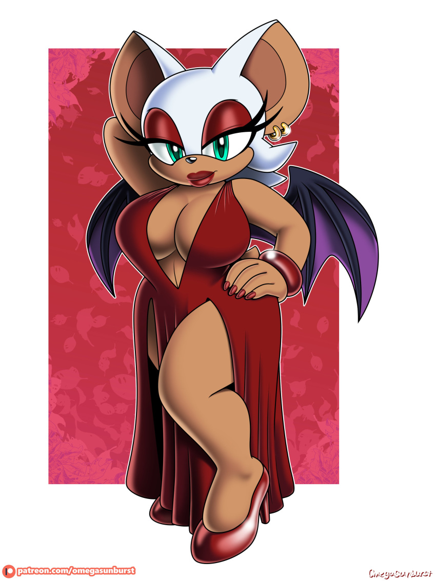 absurd_res anthro bangle big_breasts border breasts chiropteran cleavage clothed clothing ear_piercing ear_ring female footwear hand_behind_head hi_res high_heels jewelry lipstick looking_at_viewer makeup mammal omegasunburst piercing ring_piercing rouge_the_bat sega slit_dress solo sonic_the_hedgehog_(series) white_border wings