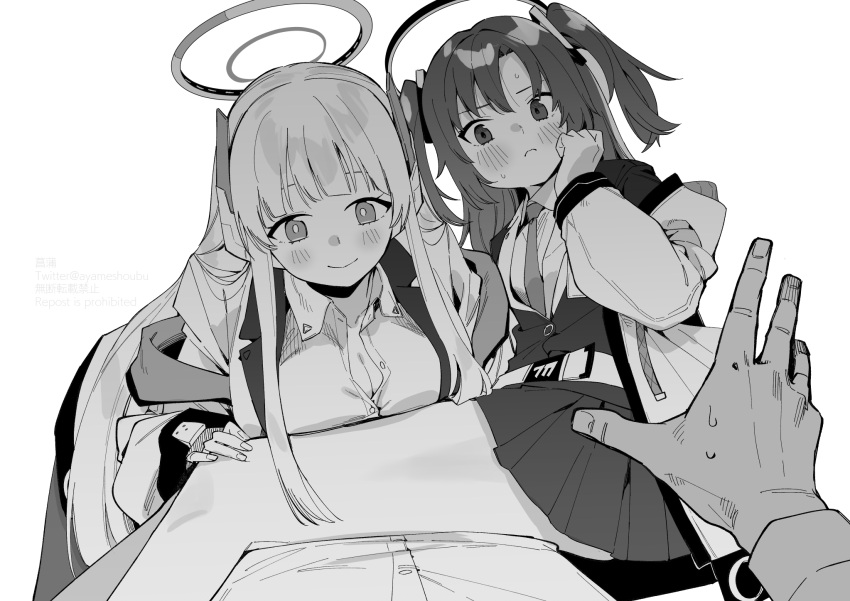 2girls bangs bare_legs blue_archive blush breasts cleavage closed_mouth collared_shirt greyscale halo hand_on_another's_knee highres jacket large_breasts long_hair looking_at_viewer miniskirt monochrome multiple_girls necktie noa_(blue_archive) off_shoulder open_clothes open_jacket pov shirt sho_bu_1116 simple_background sitting sitting_on_person skirt smile sweat twitter_username two_side_up very_long_hair white_background yuuka_(blue_archive)