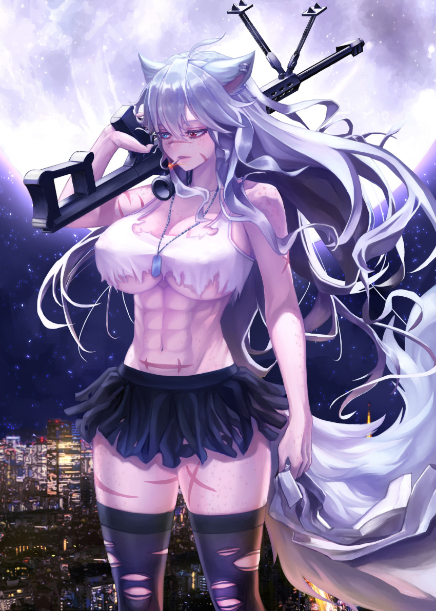 1girl abs absurdres anti-materiel_rifle artofawang barrett_m82 breasts cigarette cityscape cleavage freckles full_moon gun heterochromia highres indie_virtual_youtuber jacket large_breasts long_hair mithra_tsukiaki_(vtuber) moon muscular muscular_female non-web_source rifle scar sniper_rifle source_request torn_clothes torn_leggings very_long_hair virtual_youtuber weapon