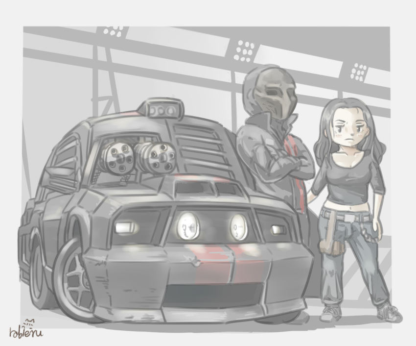 1boy 1girl black_eyes black_jacket black_pants breasts car case_(death_race) chain_gun chibi cleavage collarbone crossed_arms death_race ford ford_mustang ground_vehicle jacket jensen_ames looking_at_viewer mask medium_breasts midriff_peek motor_vehicle muscle_car navel pants rabienu vehicle_focus