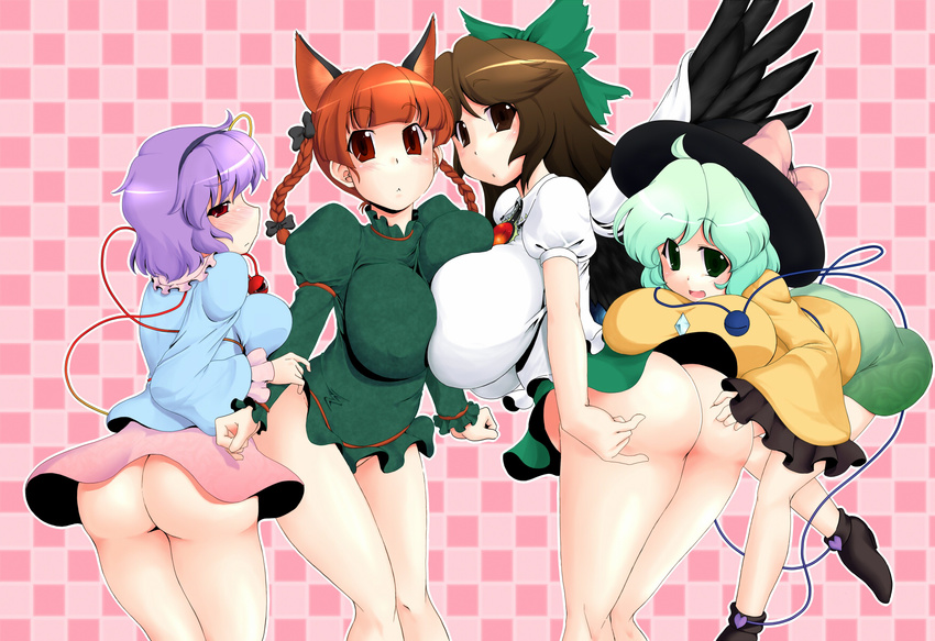 ass braid breasts highres huge_breasts kaenbyou_rin komeiji_koishi komeiji_satori large_breasts lute_(apocalypselibrary) multiple_girls no_panties reiuji_utsuho third_eye touhou