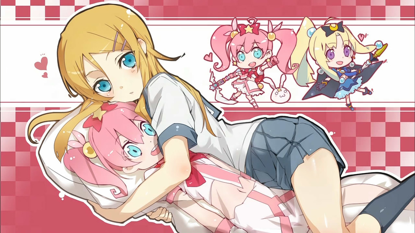 alpha_omega blonde_hair blue_eyes bunbun dakimakura_(object) hoshikuzu_witch_meruru jpeg_artifacts kousaka_kirino long_hair meruru_(oreimo) multiple_girls ore_no_imouto_ga_konna_ni_kawaii_wake_ga_nai pillow pillow_hug pink_hair school_uniform serafuku