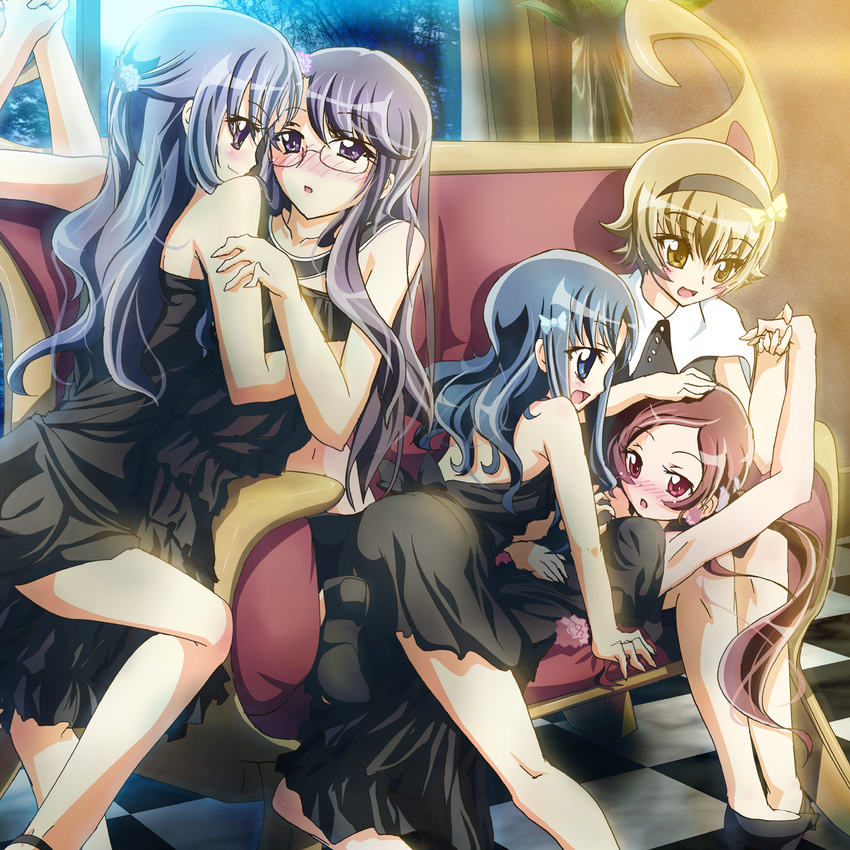 black_eyes blue_eyes blue_hair blush breast_grab breasts couch dress glasses grabbing hanasaki_tsubomi heartcatch_precure! highres holding_hands inoshishi_(ikatomo) kurumi_erika kurumi_momoka long_hair medium_breasts multiple_girls myoudouin_itsuki precure purple_hair red_eyes red_hair short_hair tsukikage_yuri yuri