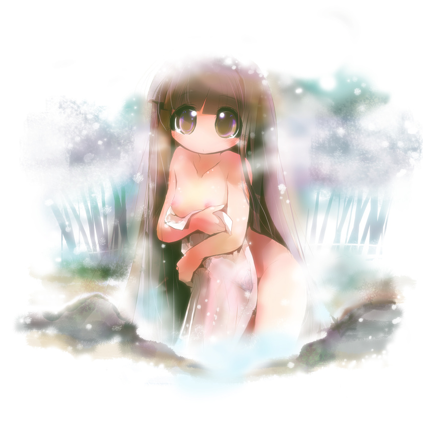 bad_id bad_pixiv_id black_eyes black_hair blush covering flat_chest highres houraisan_kaguya long_hair nipples nude onsen pubic_hair solo touhou towel usoneko very_long_hair