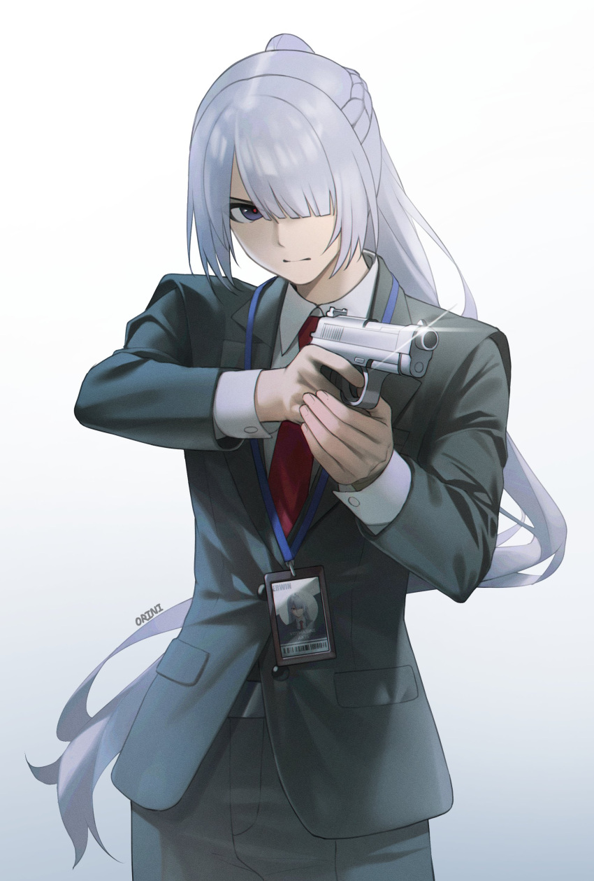 1girl absurdres aiming ak-15_(erwin)_(girls'_frontline) ak-15_(girls'_frontline) artist_name beretta_92 black_pants black_suit closed_mouth collared_shirt commentary cowboy_shot girls'_frontline girls'_frontline_2:_exilium glint grey_hair gun hair_over_one_eye handgun highres holding holding_gun holding_weapon id_card long_hair long_sleeves necktie official_alternate_costume orini pants red_necktie shirt solo suit voymastina_(girls'_frontline_2) weapon white_shirt