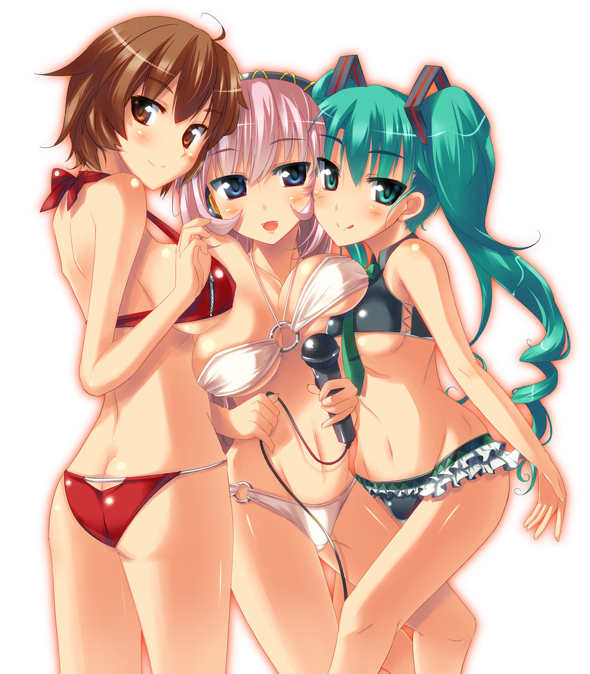 absurdres ass asymmetrical_docking bikini blue_eyes breast_press breasts brown_eyes brown_hair butt_crack cleavage green_eyes green_hair hatsune_miku highres large_breasts long_hair looking_back megurine_luka meiko microphone multiple_girls o-ring o-ring_bottom o-ring_top pink_hair short_hair swimsuit teruteru-deru tongue twintails vocaloid yuri