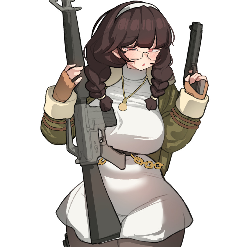 1girl assault_rifle aya_(black_survival) beretta_92 black-framed_eyewear black_pantyhose black_survival blush braid breasts brown_eyes brown_gloves brown_hair commentary cowboy dress eternal_return:_black_survival fingerless_gloves glasses gloves green_jacket gun hairband handgun highres holding holding_gun holding_weapon jacket jewelry kim_aendeo korean_commentary large_breasts long_hair long_sleeves looking_at_viewer m16 m16a1 necklace open_clothes open_jacket open_mouth pantyhose rifle simple_background solo sweatdrop turtleneck turtleneck_dress twin_braids weapon white_background white_dress white_hairband
