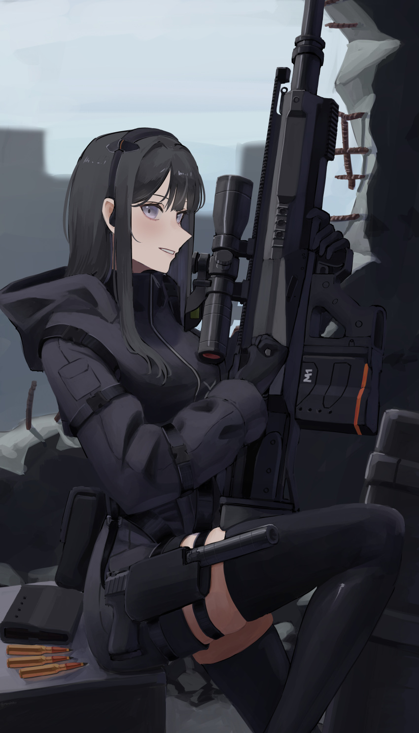 1girl absurdres anti-materiel_rifle black_coat black_gloves black_hair black_jacket black_thighhighs city coat gepard_gm6_lynx gloves gun handgun highres holster hood hooded_jacket jacket long_hair magazine_(weapon) original outdoors renakohii rifle scope smile sniper_rifle suppressor thigh_holster thigh_strap thighhighs weapon