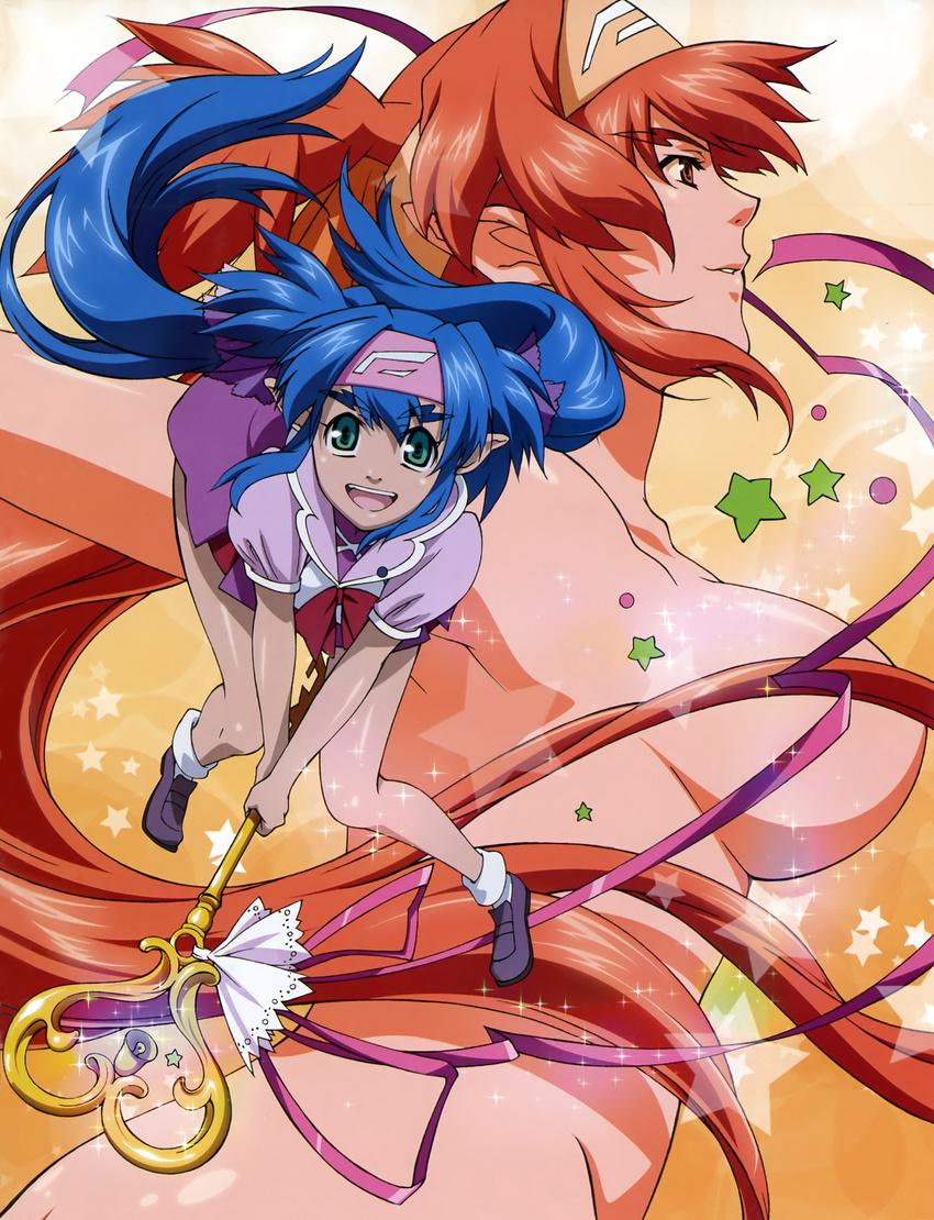absurdres artist_request blue_hair breasts censored convenient_censoring eyebrows giantess green_eyes highres klan_klein large_breasts long_hair macross macross_frontier magic meltrandi nude open_mouth pointy_ears school_uniform sideboob smile staff star very_long_hair younger zentradi