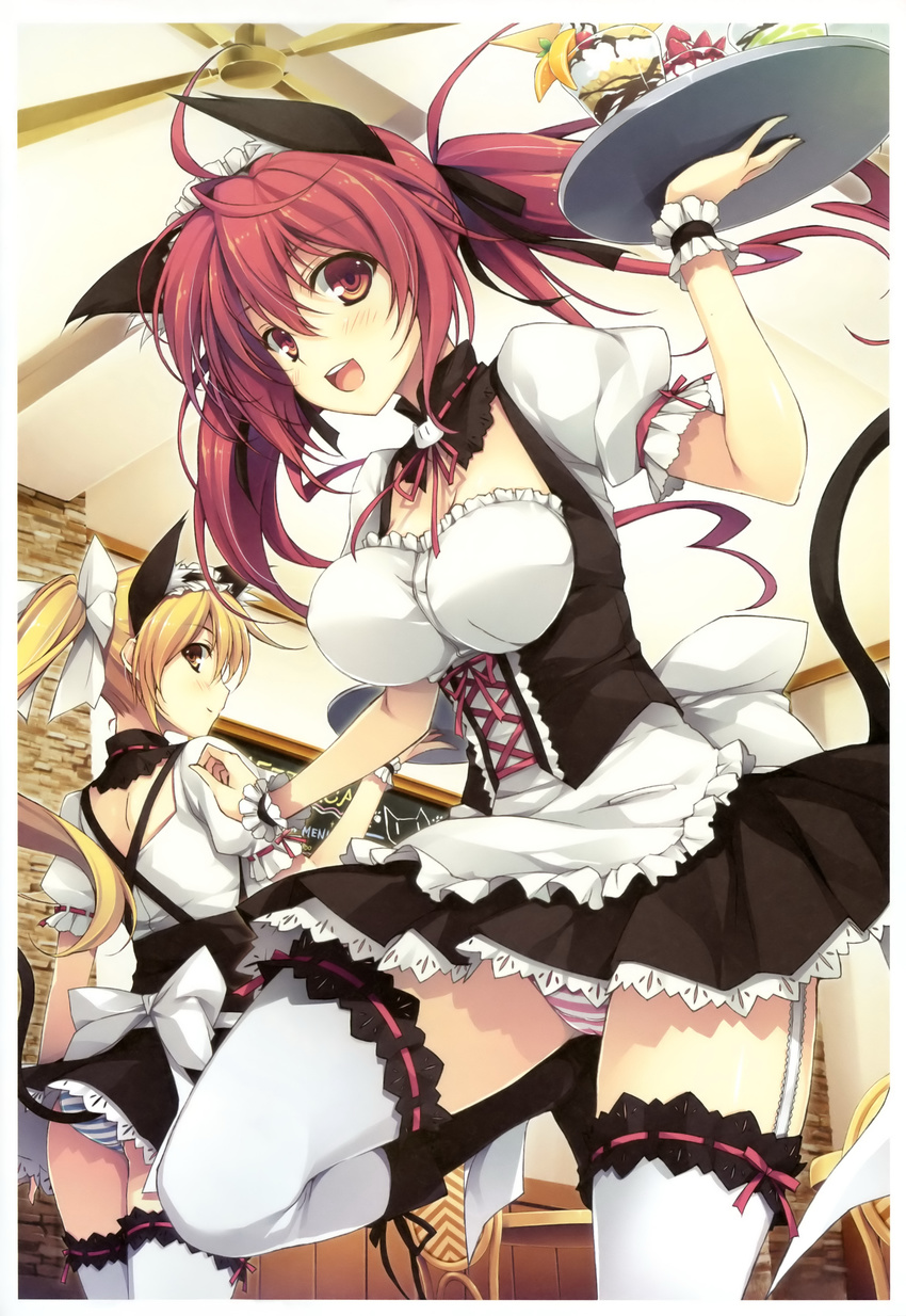 absurdres animal_ears bow breasts cafe cameltoe garter_straps hair_bow highres large_breasts leg_up looking_back maid_headdress multiple_girls original panties pantyshot pantyshot_(standing) parfait ponytail puffy_short_sleeves puffy_sleeves red_hair ribbon-trimmed_collar ribbon-trimmed_legwear ribbon-trimmed_sleeves ribbon_trim short_sleeves standing striped striped_panties tail thighhighs tray underwear upskirt waitress yuuki_hagure