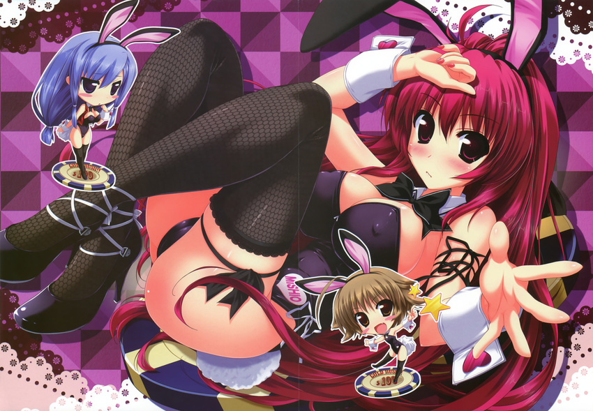 2girls 3girls absurdres animal_ears ass blue_eyes blue_hair blush blush_stickers breasts brown_eyes brown_hair bunny_ears bunny_girl bunny_tail bunnysuit cameltoe casino_tokens chibi cleavage crease erect_nipples fake_animal_ears fishnet_legwear fishnet_stockings fishnets hand_on_head highres kamikaze_explorer! long_hair lying multiple_girls nail_polish on_back open_mouth oshiki_hitoshi pink_nails poker_chips red_eyes red_hair short_hair smile star tail thigh_band thigh_strap thighhighs wrist_cuffs yuutenji_mishio