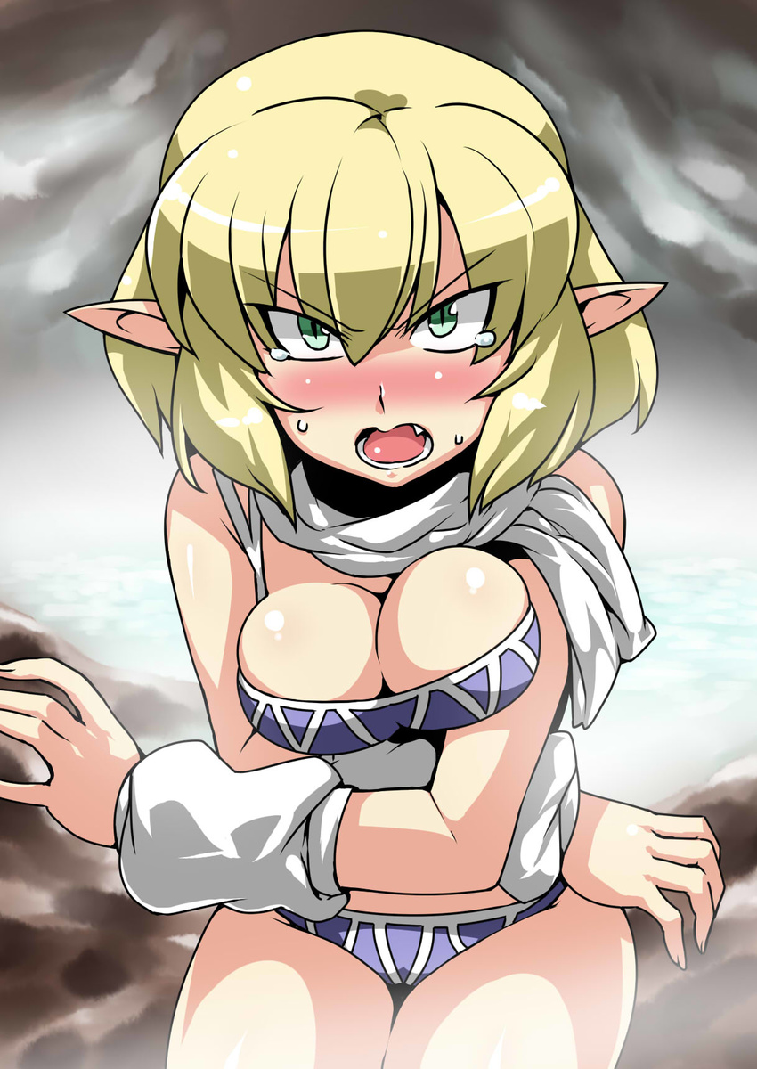 arm_warmers bikini blonde_hair blush breasts cleavage fang green_eyes highres large_breasts mizuhashi_parsee pointy_ears scarf short_hair solo swimsuit tears touhou tsuki_wani
