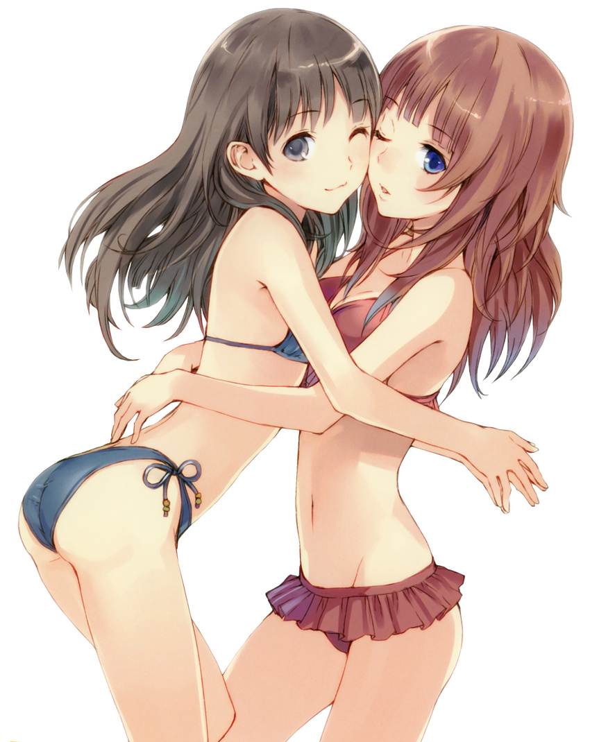 absurdres atelier_(series) atelier_rorona atelier_totori bangs bikini black_hair blue_bikini blue_eyes breasts brown_hair cheek-to-cheek closed_mouth extraction eyebrows_visible_through_hair frilled_bikini frills from_side highres hug kishida_mel long_hair looking_at_viewer multiple_girls official_art one_eye_closed parted_lips red_bikini rororina_fryxell side-tie_bikini side-tie_bottom small_breasts smile standing swimsuit totooria_helmold transparent_background