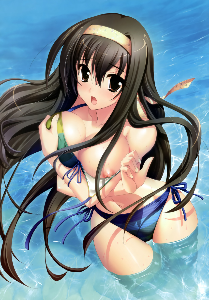 absurdres bikini breast_hold breasts brown_eyes brown_hair front-tie_top hair_ribbon hairband highres kanna_(plum) large_breasts long_hair miwa_fuzuki multicolored multicolored_bikini multicolored_clothes multicolored_stripes navel nipple_slip nipples open_mouth ribbon sakura_tale side-tie_bikini solo striped striped_bikini striped_swimsuit swimsuit very_long_hair wading wardrobe_malfunction