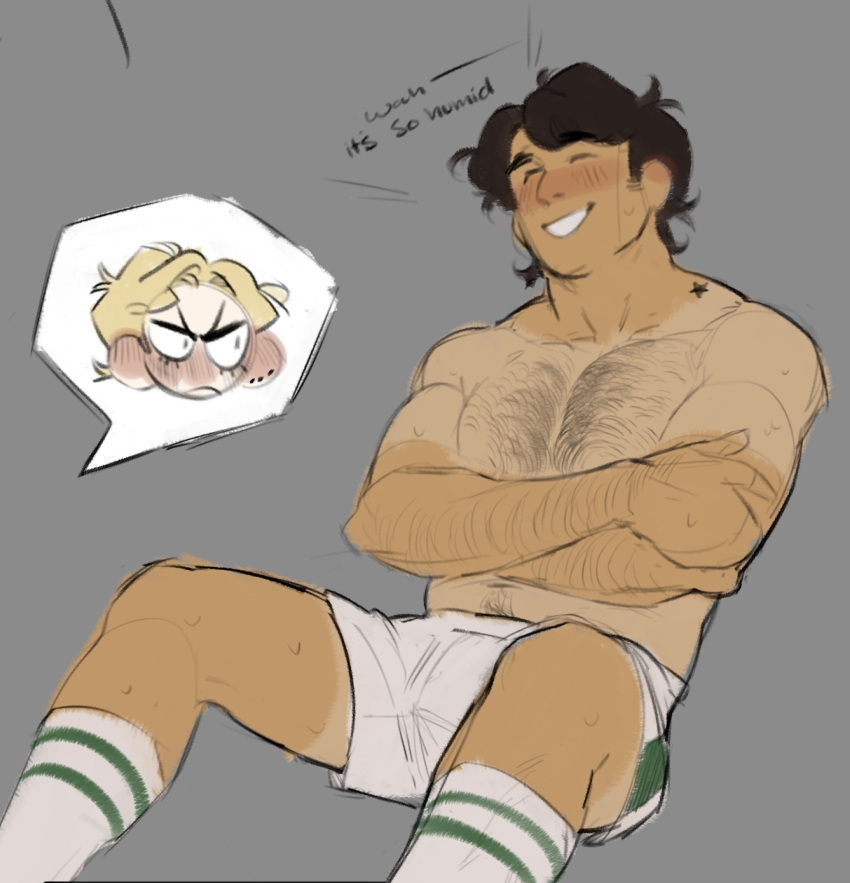 2boys birthmark blonde_hair blush brown_hair chest_hair closed_eyes commentary crossed_arms dio_brando ear_birthmark english_commentary grey_background highres joestar_birthmark jojo_no_kimyou_na_bouken jonathan_joestar large_pectorals multiple_boys muscular muscular_male ne0ntetra pectorals phantom_blood shorts simple_background sitting smile socks sweat tan tanlines white_shorts white_socks