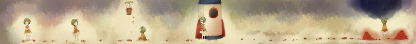 absurdres aircraft atom_(yahny) bad_id bad_pixiv_id barefoot campanella_(vocaloid) goggles goggles_on_head green_eyes green_hair gumi heart highres hot_air_balloon long_image paper_airplane rocket_ship short_hair skirt space_craft vocaloid wide_image
