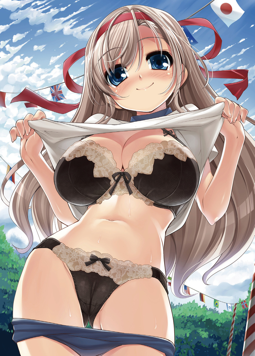 american_flag black_bra black_panties blue_eyes blush bow bow_bra bow_panties bra brazilian_flag breasts buruma buruma_pull cameltoe cleavage cloud copyright_request curvy day flag flags_of_all_nations gym_uniform hachimaki headband highres israeli_flag japanese_flag lace lace_bra lace_panties large_breasts lingerie long_hair navel outdoors panties shirt_lift shorts shorts_pull silver_hair sky smile solo sorimura_youji sports_festival standing string_of_flags sweat thigh_gap underwear undressing union_jack very_long_hair