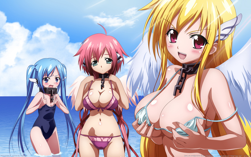 angel_wings aqua_eyes astraea beach bikini blonde_hair blue_eyes blue_hair blush breast_envy breast_hold breasts chain cleavage cloud collar covering covering_breasts day front-tie_top highres huge_breasts ikaros large_breasts long_hair micro_bikini multiple_girls navel nymph_(sora_no_otoshimono) ocean one-piece_swimsuit open_mouth outdoors pink_hair red_eyes school_swimsuit shiny shiny_skin short_hair skindentation sora_no_otoshimono strap_gap strap_slip swimsuit twintails vector_trace wading wallpaper watanabe_yoshihiro water wings