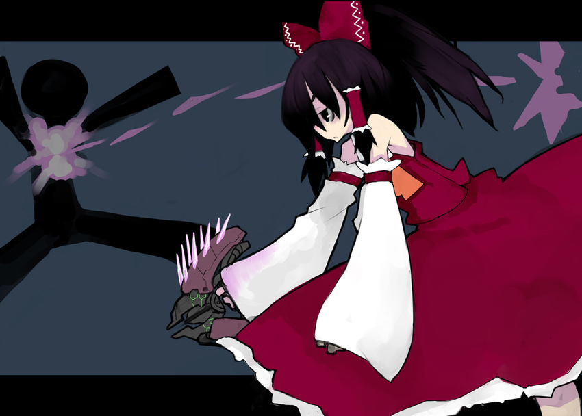 bad_id bad_pixiv_id black_hair bow brown_eyes detached_sleeves gun hair_bow hakurei_reimu halo_(game) kimura_akiyoshi long_hair needler pun ribbon solo touhou weapon