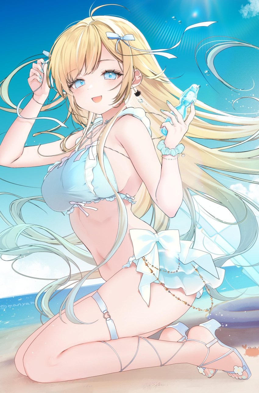 1girl aizawa_ema aqua_hair aqua_nails beach bikini blonde_hair blue_eyes bracelet breasts cloud cloudy_sky commentary earrings frilled_bikini frills gradient_hair hair_ribbon highres innertube jewelry kneeling large_breasts lens_flare long_hair looking_at_viewer manyako_(mohumohu) midriff multicolored_hair navel necklace ocean open_mouth ramune ribbon sandals scrunchie sideboob sky solo swim_ring swimsuit thigh_strap twitter_username very_long_hair virtual_youtuber vspo! wrist_scrunchie