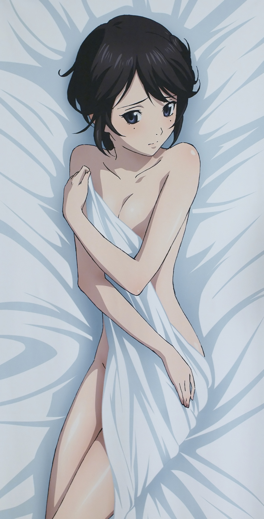 absurdres black_hair blue_eyes breasts cleavage covering highres medium_breasts mole naked_sheet nude nude_cover screencap senkou_no_night_raid short_hair shy solo sonogi_yukina stitched third-party_edit