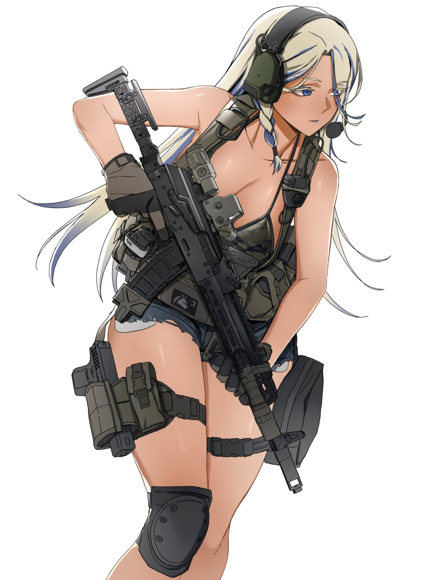 1girl ak-74m armpit_crease assault_rifle bare_arms bare_legs bare_shoulders bcm_mcmr bikini blonde_hair blue_eyes breasts bulletproof_vest camouflage camouflage_bikini cleavage denim denim_shorts glock gloves gun handgun highres holding holding_gun holding_weapon kalashnikov_rifle knee_pads large_breasts long_hair looking_to_the_side machine_gun maxturbo69 multicolored_hair original panties pouch revealing_clothes rifle short_shorts shorts single_knee_pad swimsuit thigh_pouch thighs thong thong_bikini thong_panties toned toned_female two-tone_hair underwear watch weapon wristwatch