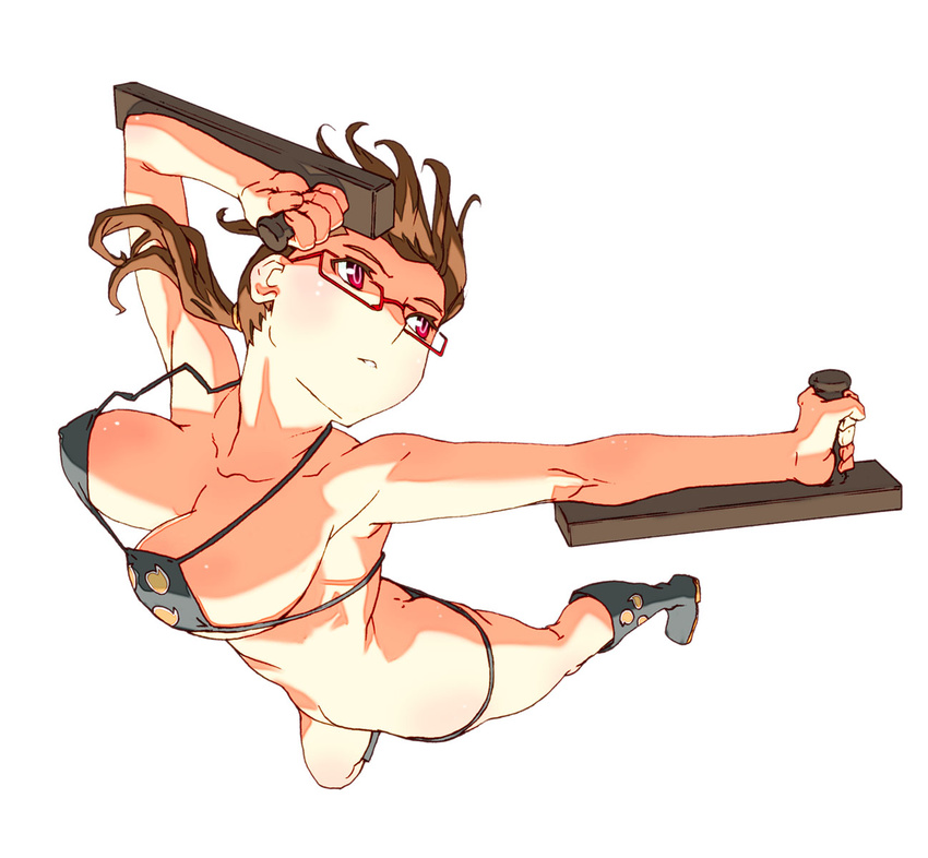 ass bikini black_bikini blush boots breasts brown_hair butt_crack glasses highres large_breasts long_hair oono_tsutomu original perspective red_eyes solo swimsuit tonfa twintails weapon