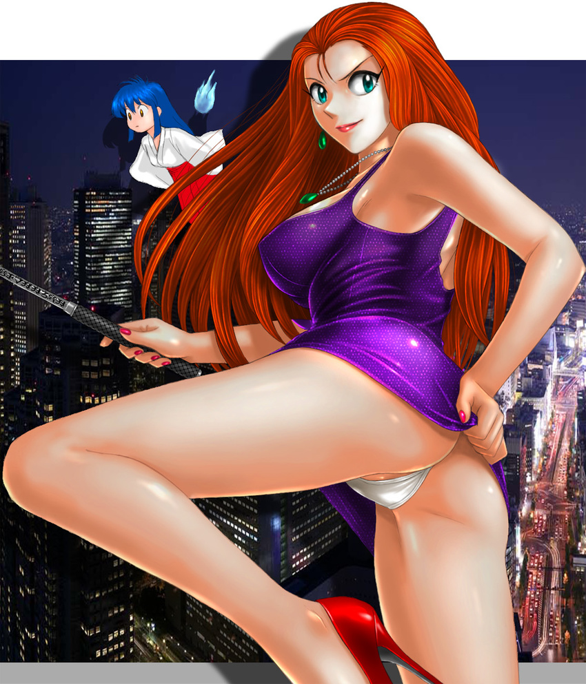 ass dress earrings ghost_sweeper_mikami highres himuro_kinu jewelry long_hair maria_(ghost_sweeper_mikami) mikami_reiko multiple_girls nail_polish orange_hair panties pink_nails red_hair siddham toten_(der_fuhrer) underwear upskirt white_panties