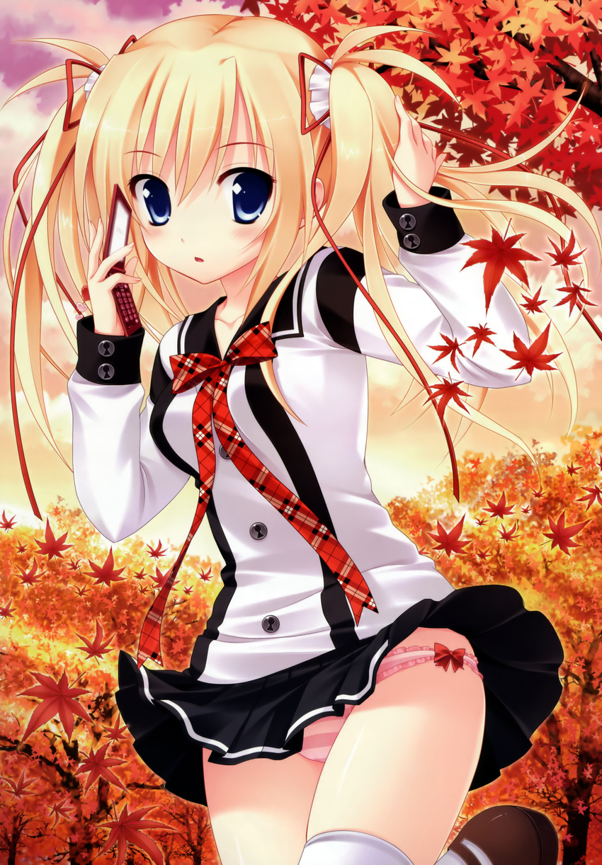 absurdres autumn blonde_hair blue_eyes bow bow_panties cellphone highres keyhole leaf long_hair long_sleeves makita_maki maple_leaf mechakon! neck_ribbon panties pantyshot phone pink_panties pleated_skirt ribbon sawatari_saki school_uniform serafuku skirt solo striped striped_panties sunset thighhighs twintails underwear