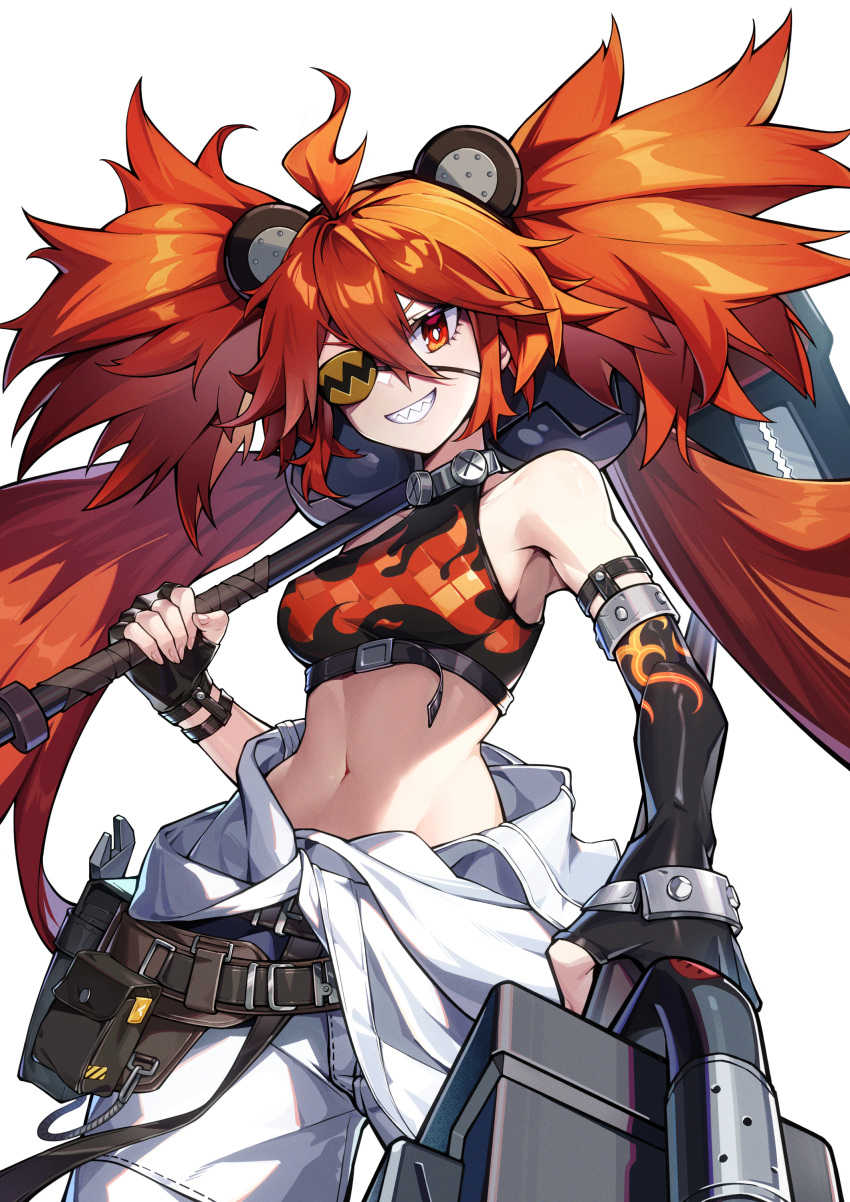 1girl :d absurdres ahoge asymmetrical_gloves bangs bare_shoulders belt belt_pouch black_gloves breasts bright_pupils cowboy_shot crop_top elbow_gloves eyepatch fingerless_gloves foreshortening gloves grin hair_between_eyes highres holding holding_weapon huge_weapon koleda_belobog kurisu~tina long_hair looking_at_viewer medium_breasts midriff navel pants parted_lips pouch quad_tails red_eyes red_hair sharp_teeth simple_background smile solo stomach teeth v-shaped_eyebrows very_long_hair weapon white_background white_pants zenless_zone_zero