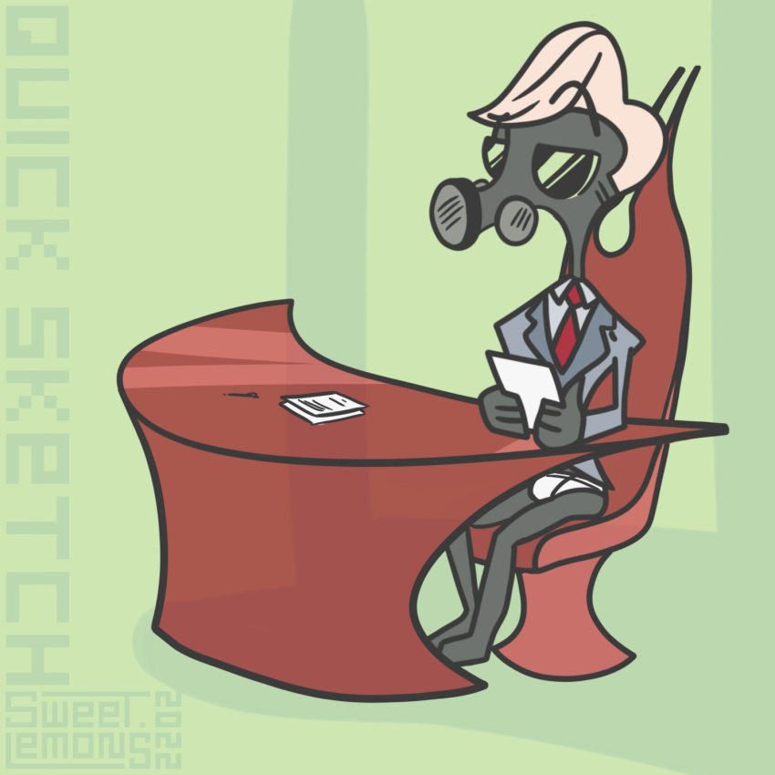 2022 blonde_hair chair clothed clothing desk digital_drawing_(artwork) digital_media_(artwork) digital_painting_(artwork) furniture gas_mask green_background hair hazbin_hotel hi_res holding_object humanoid male mask necktie news news_reporter newspaper reporter shaded signature simple_background simple_coloring simple_shading sitting solo suit sweet.lemons table tom_trench_(hazbin_hotel)