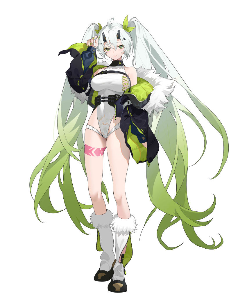 1girl absurdres ahoge black_jacket boots breasts covered_navel fingernails full_body fur-trimmed_footwear fur-trimmed_jacket fur_trim gradient_hair green_eyes green_hair green_nails highres jacket large_breasts leg_tattoo legs leotard linnnp long_hair looking_at_viewer multicolored_hair nail_polish original simple_background socks standing tattoo thighs twintails two-tone_hair very_long_hair white_background white_footwear white_hair white_leotard