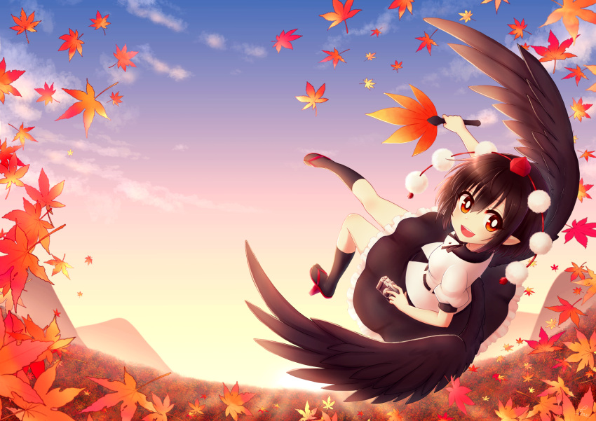 1girl :d album_cover bangs black_hair black_wings camera collared_shirt cover feathered_wings flying frilled_skirt frills geta hand_fan hat hauchiwa highres holding holding_camera holding_fan kneehighs leaf looking_back maple_leaf miruki mountain neck_ribbon open_mouth orange_eyes outdoors pointy_ears pom_pom_(clothes) ribbon shameimaru_aya shirt short_hair skirt sky smile socks solo sunset tengu tengu-geta tokin_hat touhou wings