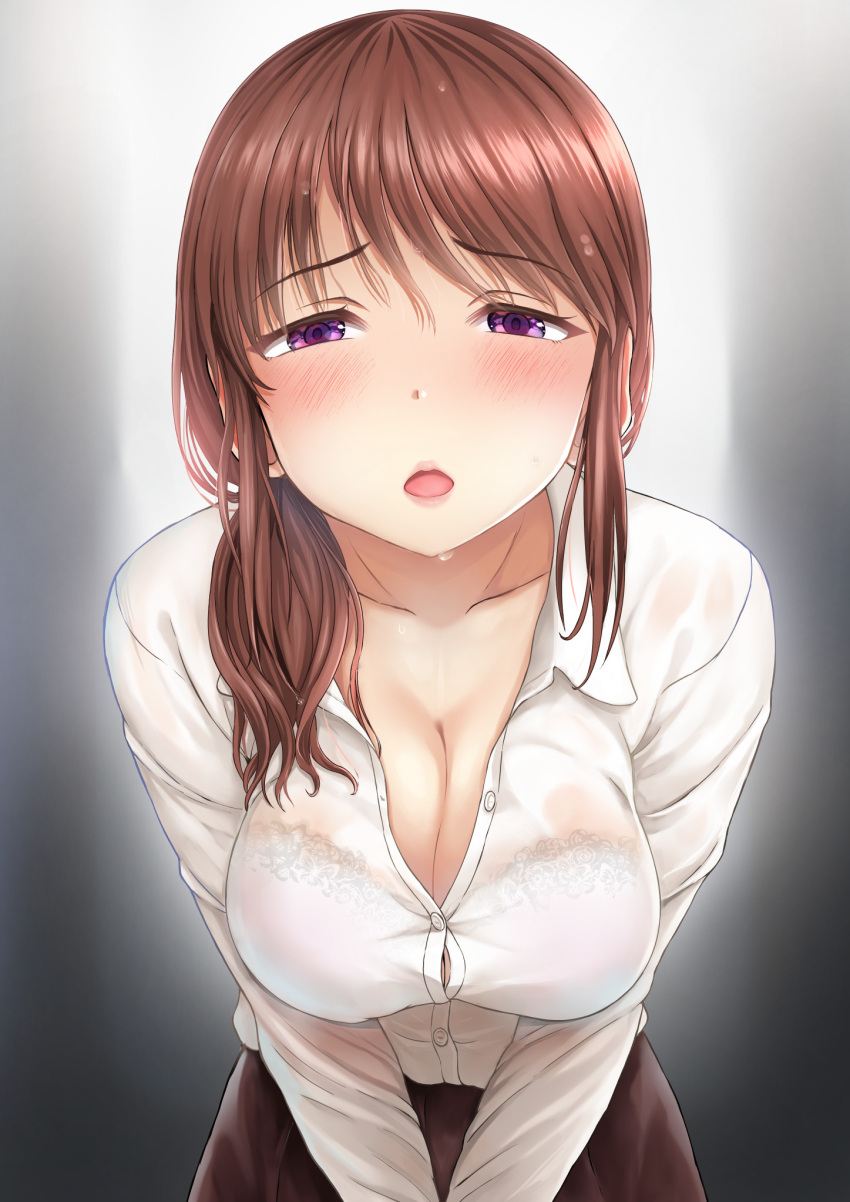 1girl :o black_skirt blush bra bra_visible_through_clothes breasts brown_hair button_gap cleavage collarbone hair_over_shoulder highres idolmaster idolmaster_cinderella_girls lace-trimmed_bra lace_trim looking_at_viewer medium_breasts mifune_miyu naharyou open_collar own_hands_together red_eyes shirt side_ponytail simple_background skirt solo underwear wet wet_clothes wet_hair wet_shirt white_shirt