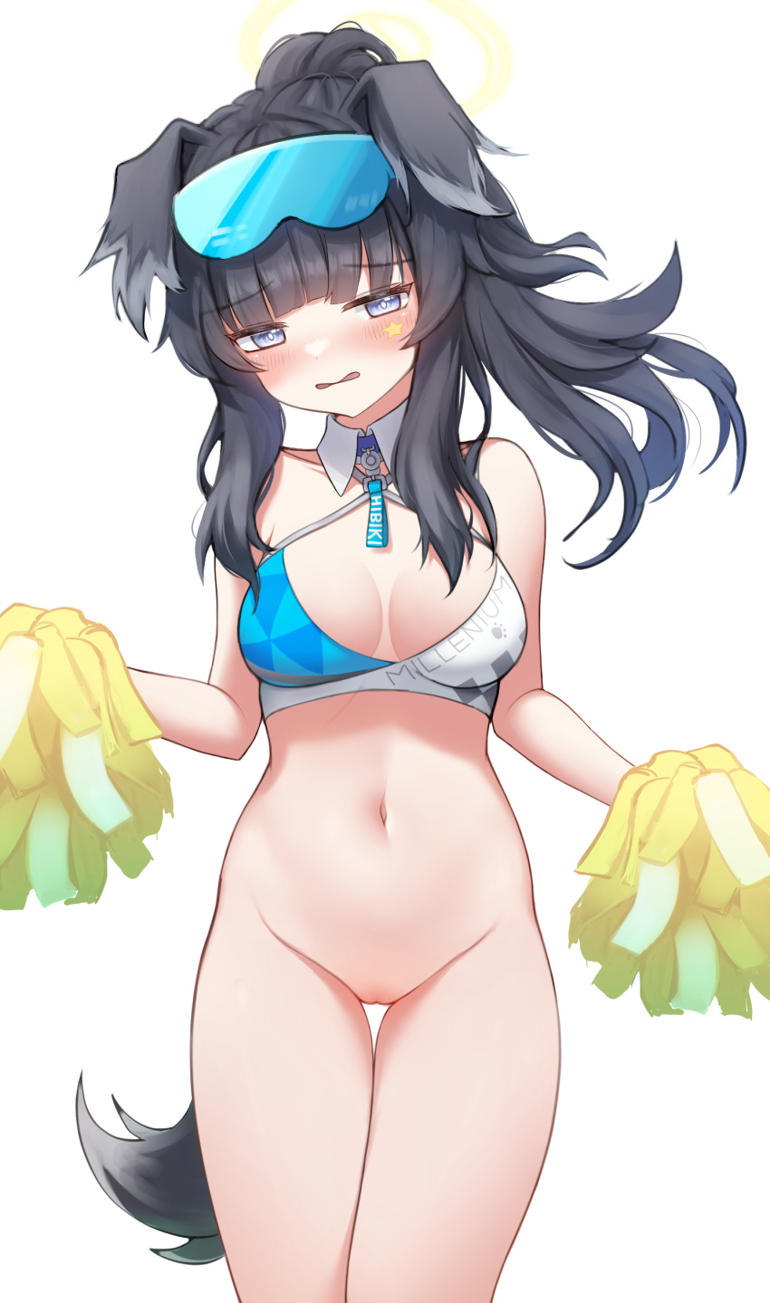 1girl absurdres animal_ears bangs bare_shoulders black_hair blue_archive blue_eyes blunt_bangs blush breasts breasts_apart bright_pupils cheerleader cleavage cowboy_shot crop_top detached_collar dog_ears dog_girl dog_tail embarrassed exhibitionism eyewear_on_head facial_mark goggles goggles_on_head halo hibiki_(blue_archive) hibiki_(cheerleader)_(blue_archive) highres holding holding_pom_poms long_hair looking_at_viewer mang navel no_panties open_mouth pom_pom_(cheerleading) public_indecency public_nudity pussy simple_background solo star_(symbol) star_facial_mark star_sticker sticker_on_face tail text_print thigh_gap white_background