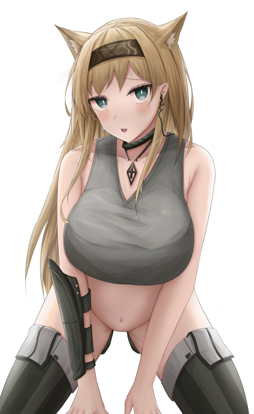 1girl :d absurdres animal_ear_fluff animal_ears arknights arm_guards bangs bare_shoulders black_footwear black_hairband blonde_hair blue_eyes blush boots bottomless breasts bright_pupils collarbone earpiece extra_ears grey_shirt hairband highres horn_(arknights) jewelry kneeling large_breasts long_hair looking_at_viewer namikare navel necklace open_mouth shirt simple_background smile solo tank_top thigh_boots white_background wolf_ears