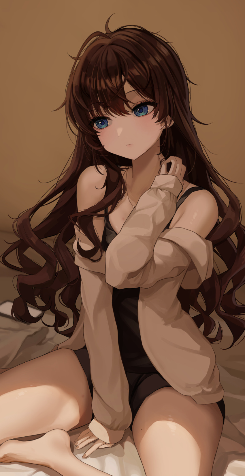 1girl absurdres bangs bare_legs bare_shoulders barefoot between_legs black_tank_top blue_eyes blush brown_hair closed_mouth curly_hair dot_nose foot_out_of_frame hand_between_legs hand_on_own_neck hand_up highres ichinose_shiki idolmaster idolmaster_cinderella_girls jewelry kudou_(sikisiki0000) long_hair long_sleeves looking_to_the_side messy_hair mole mole_on_thigh necklace off_shoulder open_clothes open_shirt paid_reward_available phone shirt sidelocks sitting sleeves_past_wrists solo swept_bangs tank_top thighs white_shirt