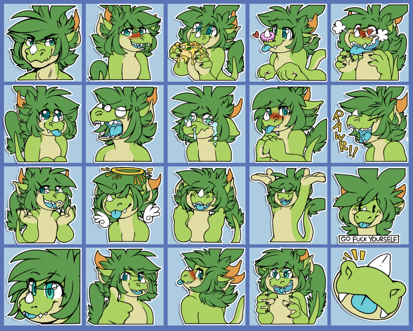 &lt;3 anthro aquamarine_eyes basil_razhak_lenange basilthedragon blue_tongue blush cute_expression dragon expressions green_body green_hair green_scales hair halo happy hi_res humanoid leaf male profanity roaring scales solo sticker sticker_pack stickers tongue