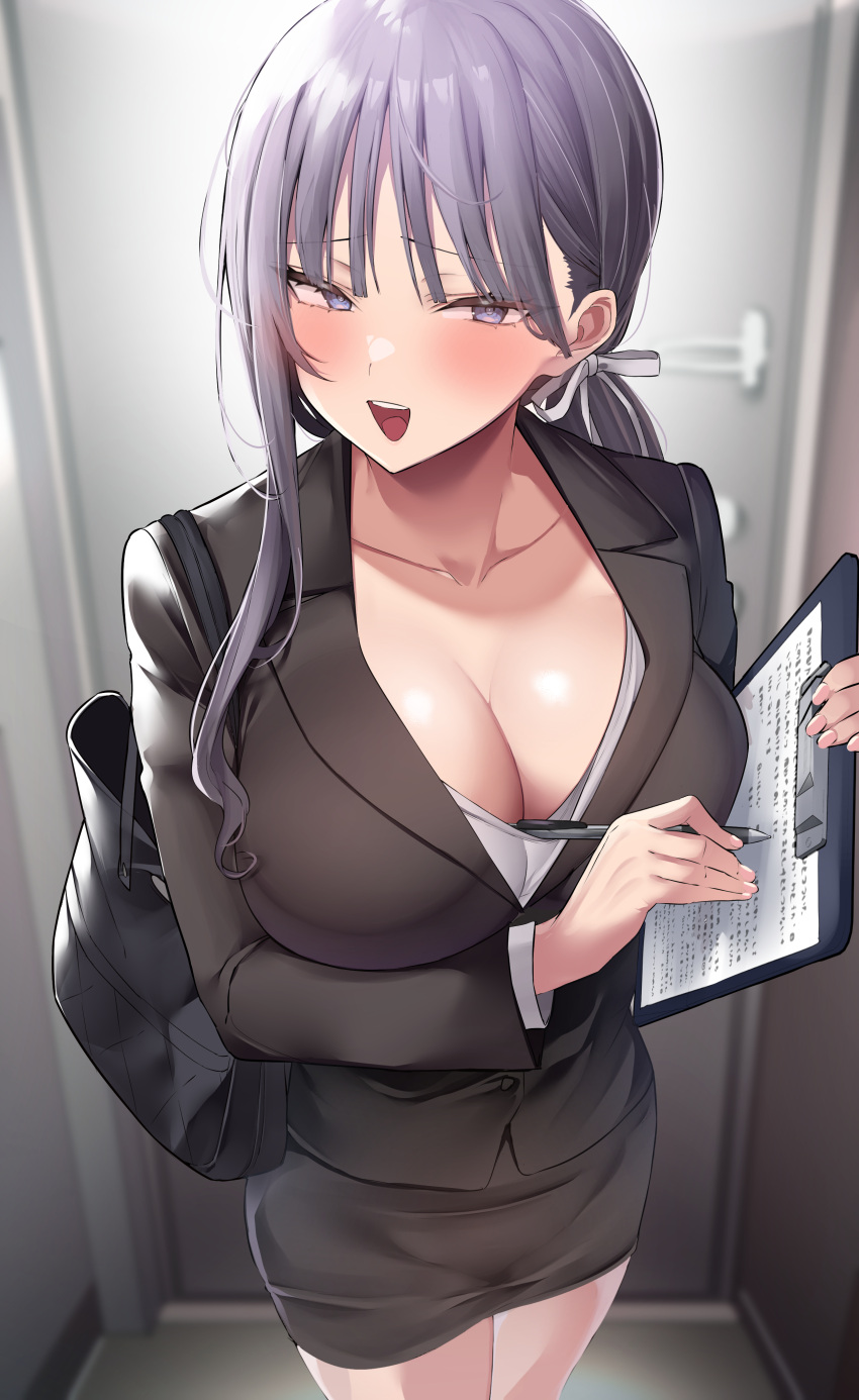 1girl absurdres bag bangs blue_eyes blush breasts cleavage clipboard collarbone door hair_ornament highres holding holding_clipboard large_breasts long_hair long_sleeves looking_at_viewer mitsudoue office_lady open_mouth original pen shoulder_bag smile
