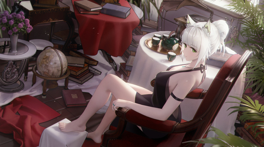 1girl absurdres alternate_costume animal_ear_fluff animal_ears arknights arm_strap armchair artist_name bare_legs barefoot black_dress book book_stack breasts candlestand cat_ears chair closed_mouth cup dress from_side full_body globe green_eyes highres indoors jewelry kal'tsit_(arknights) ling_dianxia looking_at_viewer looking_to_the_side medium_breasts phonograph plant potted_plant ring short_hair short_ponytail sitting sleeveless sleeveless_dress smile solo tablecloth teacup teapot tray vase white_hair