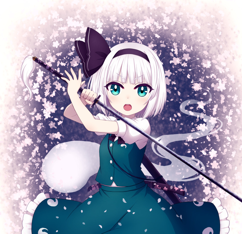 1girl :o bangs blunt_bangs bow cherry_blossoms frilled_skirt frills green_eyes hair_bow hair_ribbon hairband highres hitodama holding holding_sword holding_weapon katana konpaku_youmu konpaku_youmu_(ghost) looking_at_viewer miruki neck_ribbon open_mouth ribbon short_hair short_sleeves skirt skirt_set solo sword touhou weapon white_hair