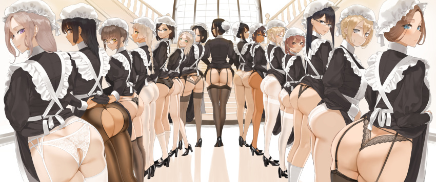 6+girls apron ass ass_cutout black_dress black_hair black_panties black_thighhighs blonde_hair braid braided_ponytail brown_hair brown_pantyhose butt_crack clothes_lift clothing_cutout dress dress_lift from_behind garter_belt garter_straps glasses hat high_heels highres indoors lace-trimmed_panties lace_trim lifted_by_self long_hair looking_at_viewer looking_back looking_to_the_side maid medium_hair mob_cap multiple_girls original panties pantyhose pinafore_dress profile short_hair socks stairs standing take_your_pick thighhighs throtem underwear white_apron white_panties white_pantyhose white_socks white_thighhighs window