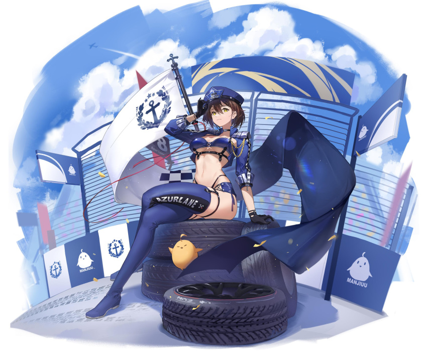 1girl absurdres arm_support arm_up azur_lane baltimore_(azur_lane) baltimore_(finish_line_flagbearer)_(azur_lane) bangs bikini bird black_bikini black_choker black_gloves blue_bikini blue_footwear blue_headwear blue_jacket blue_sky boots braid breasts brown_hair chick chinese_commentary choker cleavage closed_mouth cloud collarbone commentary cropped_jacket day flag french_braid full_body gloves groin hair_between_eyes hat highleg highleg_bikini highres jacket large_breasts looking_at_viewer manjuu_(azur_lane) meinoss micro_shorts mismatched_bikini navel official_alternate_costume open_clothes open_jacket peaked_cap pole race_queen shadow short_hair shorts sidelocks sitting skid_mark sky smile solo_focus stomach swimsuit tachi-e thigh_boots tire underboob underbust white_background yellow_eyes
