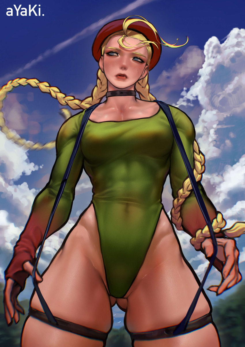 1girl absurdres adapted_costume antenna_hair ass_visible_through_thighs ayaki_d beret black_choker blonde_hair blue_eyes braid breasts cammy_white choker cloud cloudy_sky collarbone commentary_request covered_abs covered_navel covered_nipples cowboy_shot curvy eyeliner facing_viewer fingernails from_below green_leotard hat highleg highleg_leotard highres leotard lips long_hair long_sleeves looking_away makeup medium_breasts muscular muscular_female red_headwear red_lips skindentation sky sleeves_past_wrists solo standing street_fighter street_fighter_v suspenders suspenders_pull thick_thighs thigh_strap thighs twin_braids very_long_hair wind wind_lift
