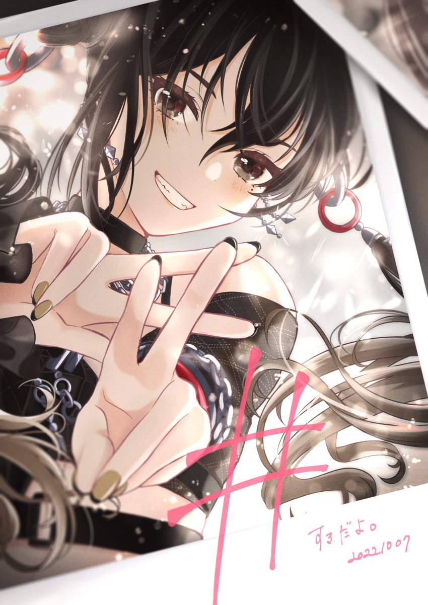 1girl absurdres animal_ears black_choker black_hair black_shirt blush chain_necklace choker dated double_v hair_extensions hand_gesture highres idolmaster idolmaster_cinderella_girls jewelry kumatsuki_(no-kirin) looking_at_viewer mole mole_under_eye nail necklace photo_(object) sharp_sign sharp_teeth shirt smile solo stage_lights sunazuka_akira teeth twintails v