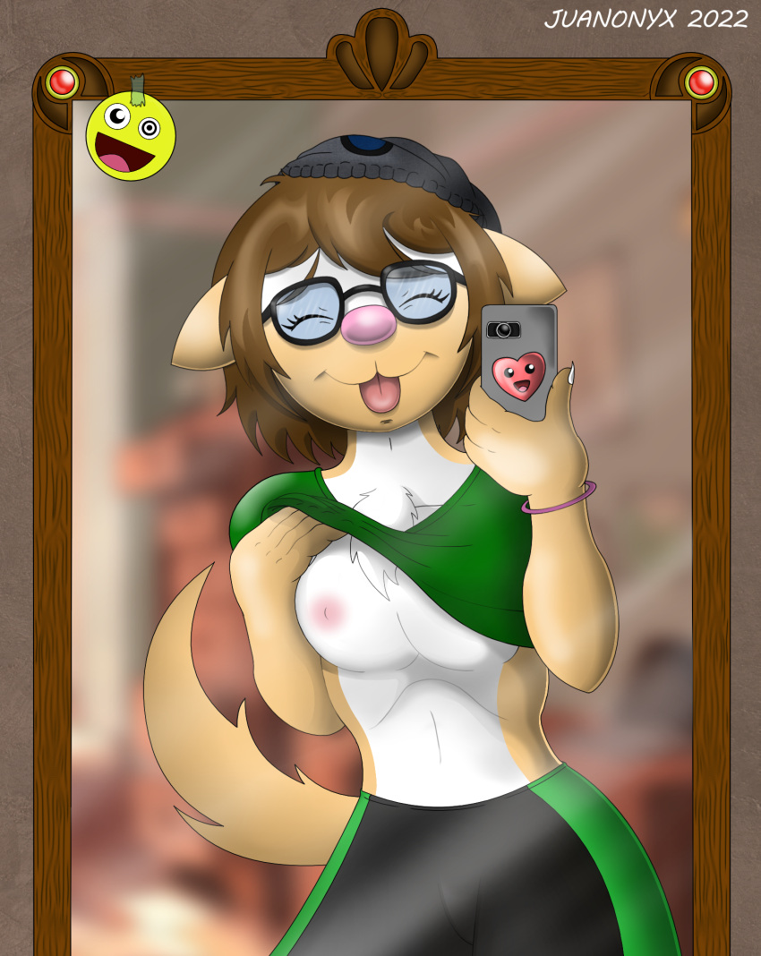 breasts canid canine canis cellphone domestic_dog emoji eyewear female glasses hi_res humanoid inside izzy juanonyx mammal mirror mirror_selfie phone pinup pose selfie solo sportswear teenager tongue young