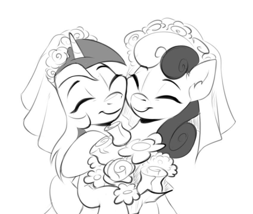 bonbon_(mlp) canon_couple clothing dress duo earth_pony equid equine eyebrows eyelashes eyes_closed female female/female flower friendship_is_magic greyscale happy hasbro headdress hi_res horn horse inktober lyra_heartstrings_(mlp) mammal monochrome my_little_pony plant pony simple_background smile taneysha unicorn wedding wedding_dress white_background