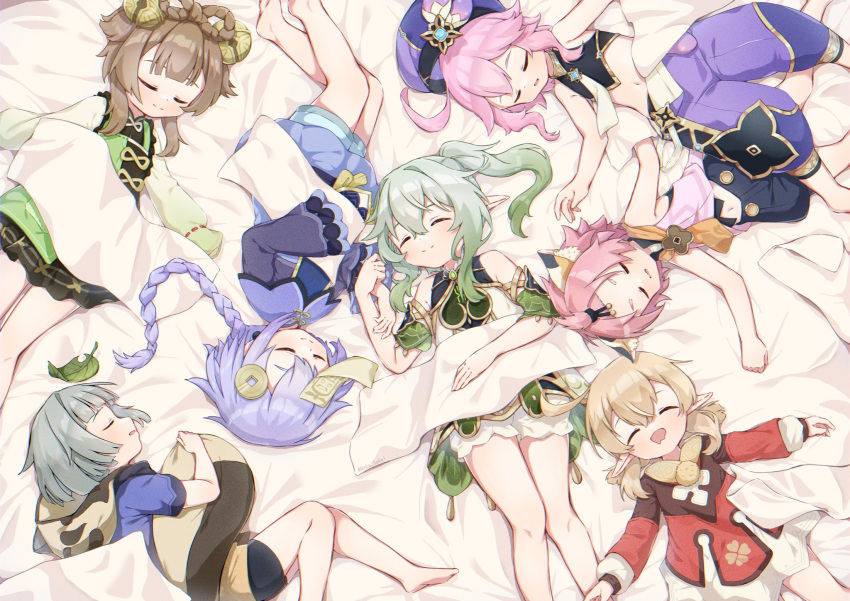 6+girls animal_ear_fluff animal_ears animal_hood bangs bare_arms bare_shoulders barefoot bed_sheet bell black_shorts blanket blonde_hair bloomers bow-shaped_hair braid braided_ponytail brown_hair cat_ears cat_girl chinese_clothes closed_eyes clover clover_print coin_hair_ornament diona_(genshin_impact) dori_(genshin_impact) dress genshin_impact gold_trim green_hair green_sleeves grey_hair hair_bell hair_between_eyes hair_ornament harem_pants highres hood jiangshi klee_(genshin_impact) leaf leaf_hair_ornament leaf_on_head long_hair long_sleeves lying lying_on_person medium_hair multiple_girls nahida_(genshin_impact) navel neko_sake1 ofuda on_back on_side pants pink_hair pointy_ears puffy_shorts purple_hair purple_headwear purple_pants qiqi_(genshin_impact) raccoon_hood raccoon_tail red_dress sayu_(genshin_impact) short_hair short_sleeves shorts side_ponytail sidelocks sleeping sleeping_on_person sleeveless sleeveless_dress smile tail talisman thick_eyebrows underwear white_bloomers yaoyao_(genshin_impact)